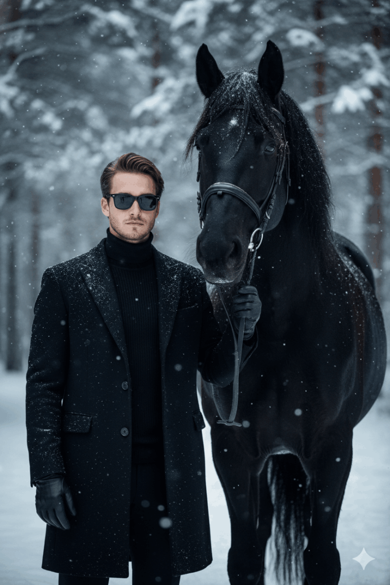 Ai generated image of a man standing next to a black horse in winter bakground