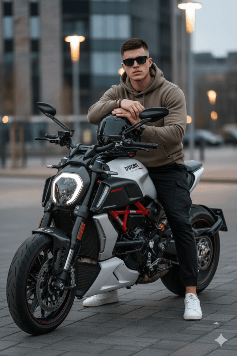 Ai generated image of a Man sits on Ducati XDiavel V4 motorcycle