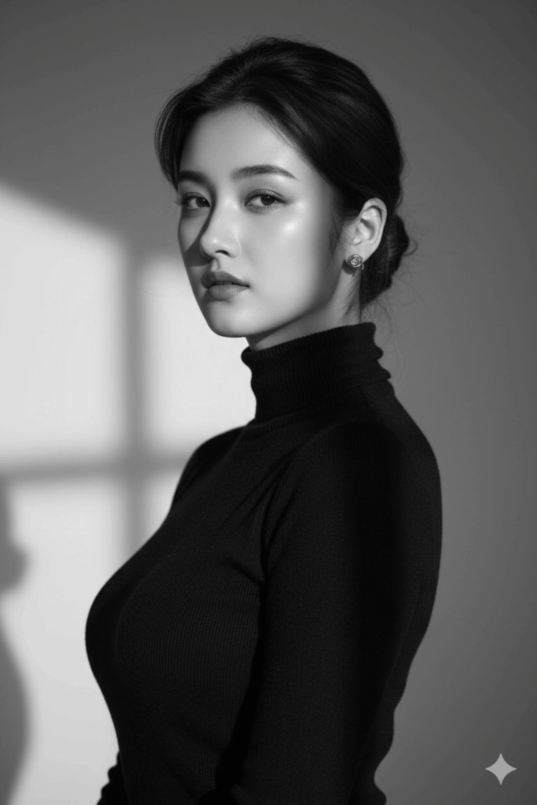 Gemini generated, A striking black and white portrait features a woman with her hair pulled back, wearing a black turtleneck and an earring, looking directly at the camera with strong shadow and light contrast on a gray background.