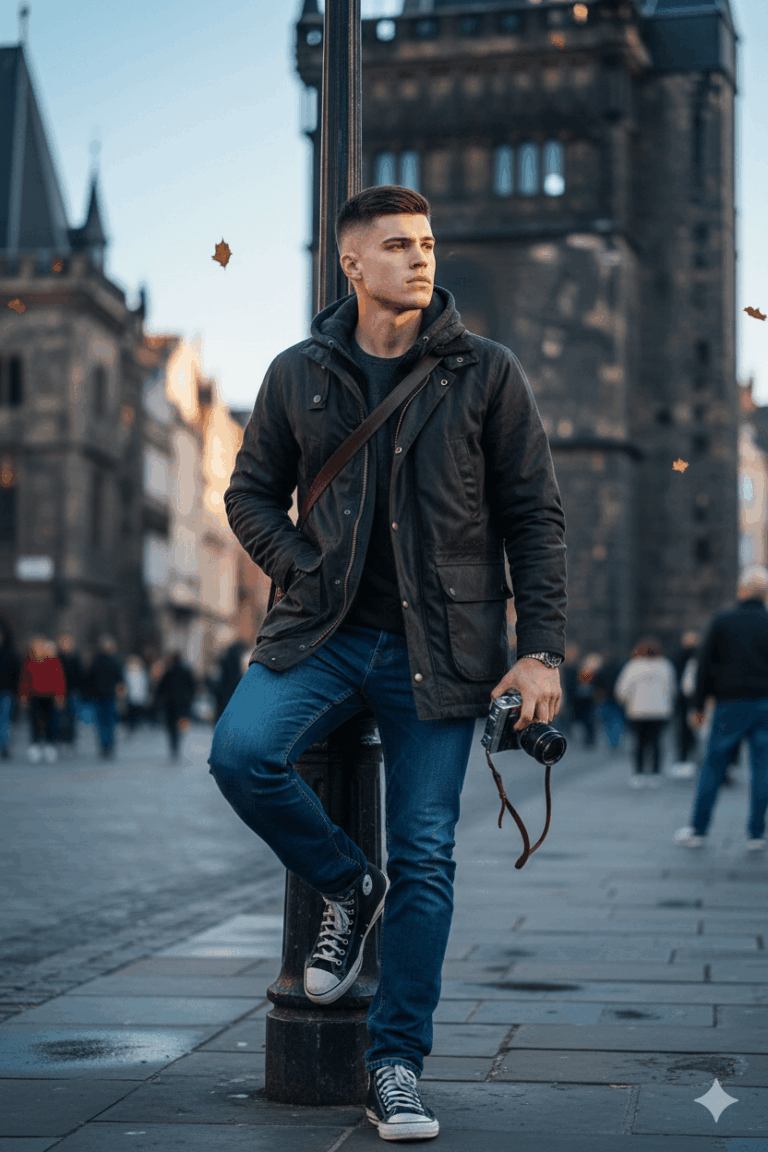Ai Generated: A photorealistic, high-end street-photography portrait features a male traveler with a camera, leaning casually against a lamppost in front of a historic stone tower, captured with shallow depth of field, cinematic lighting, and a cool-toned edit