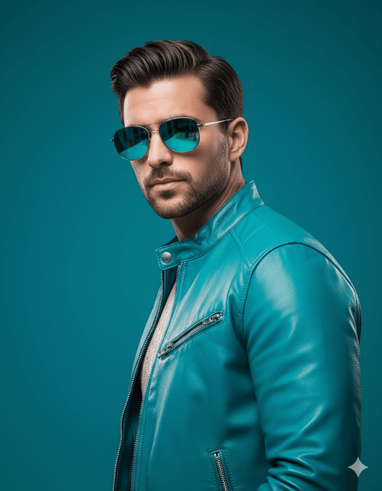 Gemini Ai generated image of A stylish man with dark hair and a beard, wearing a turquoise leather jacket and mirrored teal sunglasses, gazes confidently at the viewer against a monochromatic turquoise background.
