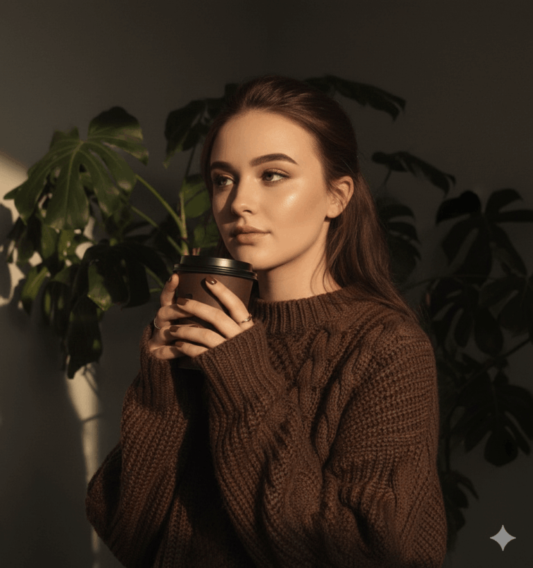 Ai generated Aesthetic portrait-oriented close-up photo featuring a young Indonesian woman wearing a dark brown chunky knit sweater