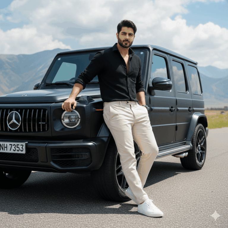 Ai generated image: portrait of a stylish young man leaning casually against a luxurious matte black Mercedes G-Wagon SUV, parked on an open road with a dramatic mountain range and blue sky with scattered clouds in the background