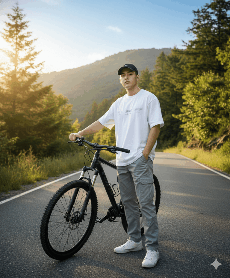 Gemini AI Generated, cinematic full-body portrait of an 18-year-old handsome young man standing on a mountain road beside a black mountain bike, with one hand firmly on the handlebar and the other casually in his pocket