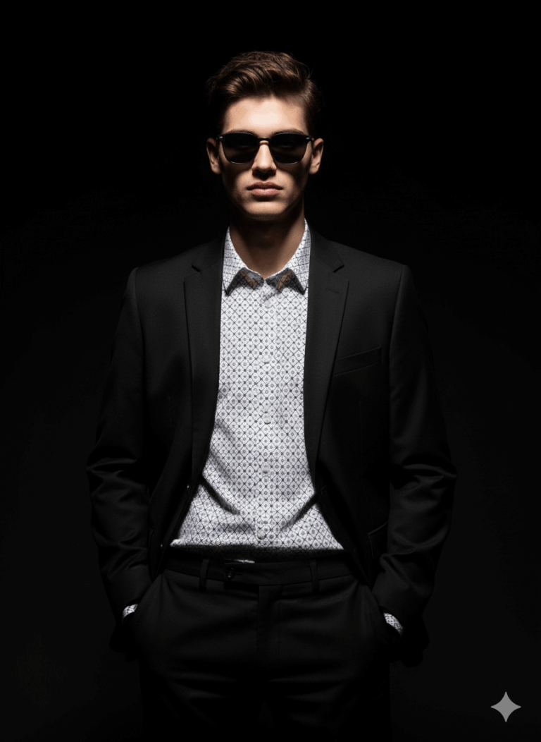 Ai generated image of a man in black suit and shadow