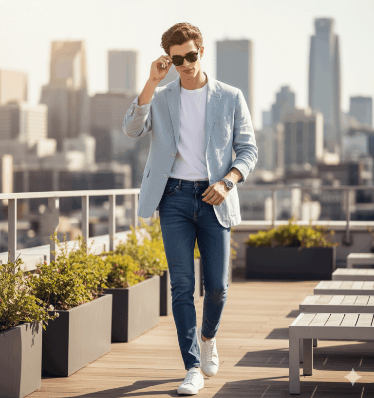 Ai generated young man image, captured mid-stride, adjusting his dark sunglasses with a confident, slightly mischievous smirk, his head turned towards the camera.