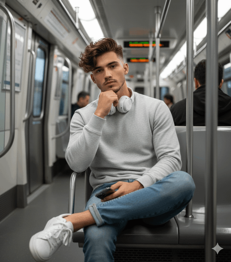 Gemini generated image: A stylish young man with slicked-back brown hair, wearing a gray sweatshirt and cuffed jeans with white sneakers, sits on a subway train holding a phone, with white headphones around his neck, looking intently at the camera.