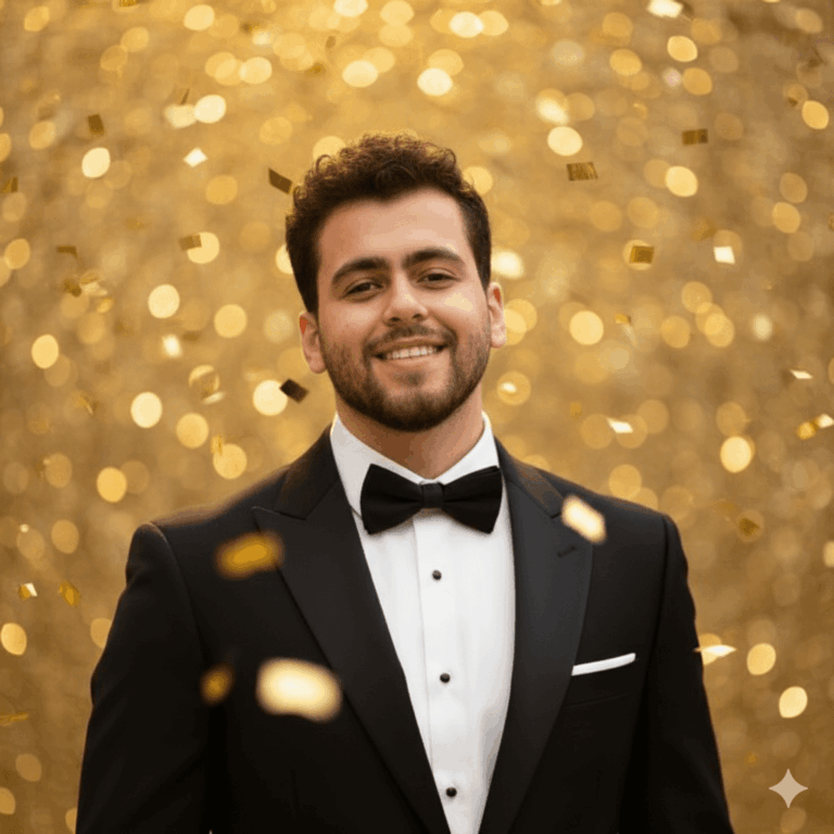 Gemini Generated Portrait of A smiling man in a black tuxedo and bow tie is captured in a medium close-up, standing against a shimmering golden bokeh background with floating confetti, bathed in warm, celebratory light.