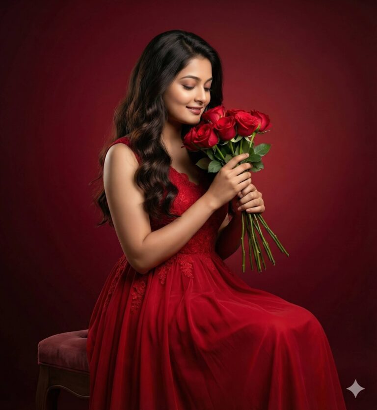 Ai generated image "Women in red gown holding red flowers"