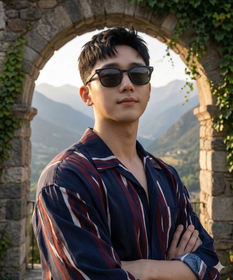 Ai generated cinematic half-body portrait photo of a slim, confident young man in Andorra, Europe, standing near an old stone archway with a mountain view and soft morning light