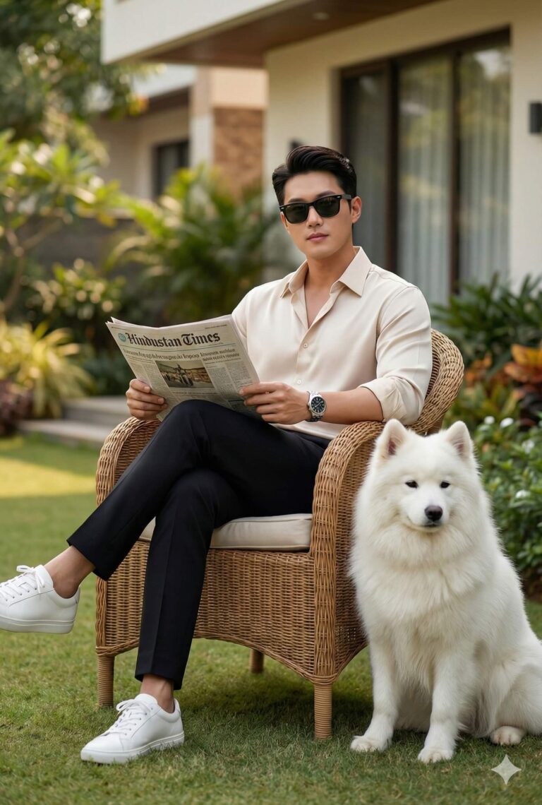 Gemini Generated image of a well-dressed man wearing sunglasses, a beige shirt, and black trousers sits in a wicker chair, reading the Hindustan Times newspaper in a sunny garden with a large, fluffy white Samoyed dog sitting beside him