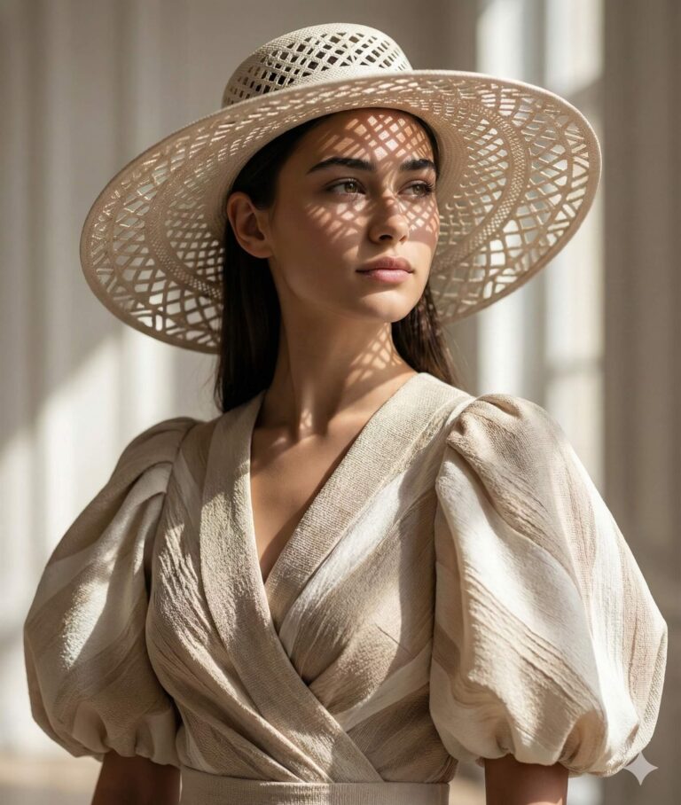 Gemini Generated Image: A woman wearing a wide-brimmed, open-weave sun hat and a beige patterned dress with puff sleeves stands indoors, with shadows from the hat creating a striking striped pattern across her face and upper body.